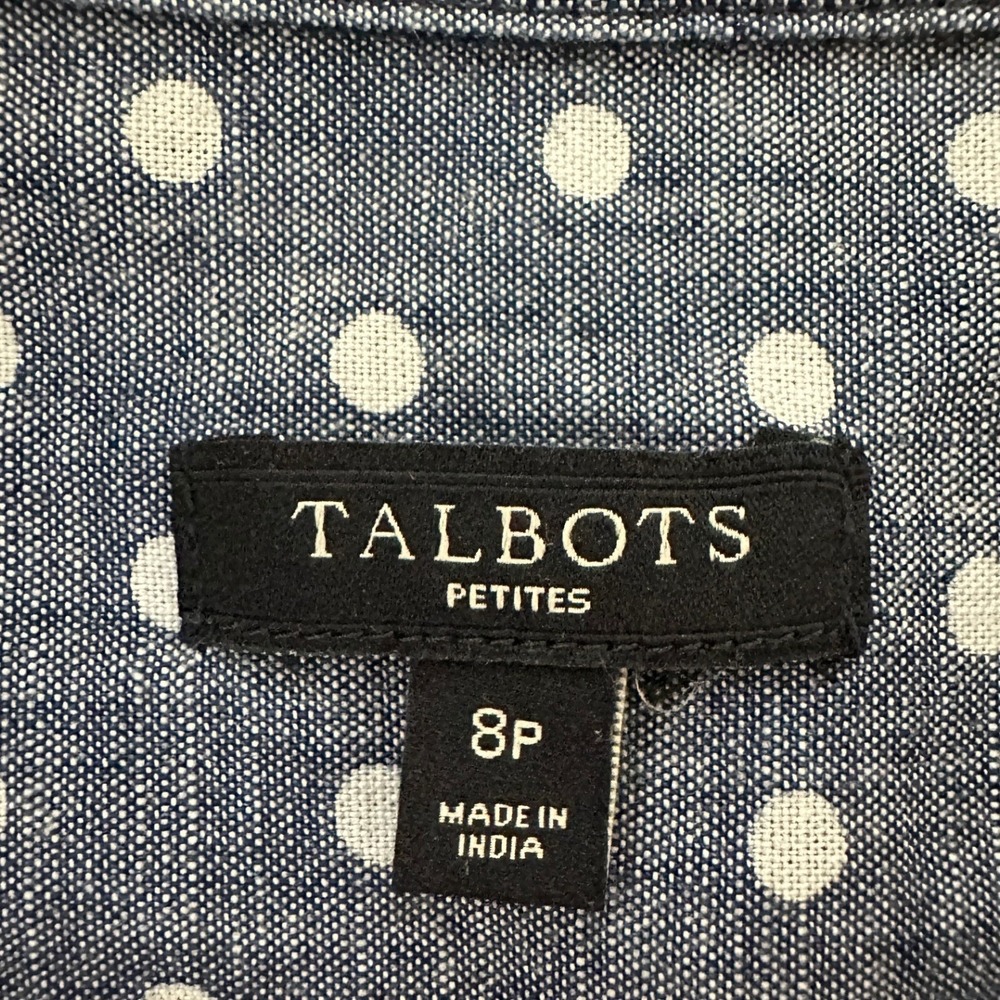 Talbots Shirt Dress Women Blue Polka Dot Chambray Cotton Belted Preppy Casual 8P - Picture 4 of 5